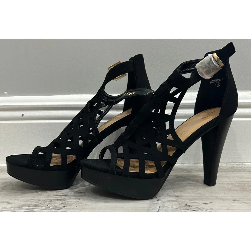 Trends up Collection Bonica 1 Womens Black Cage Platform Stiletto Sandals Size 9